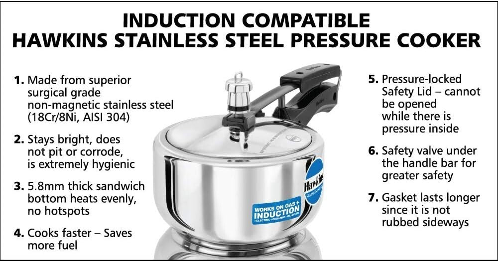Hawkins Stainless Steel Pressure Cooker 2 Litre Silver  Free Shipping